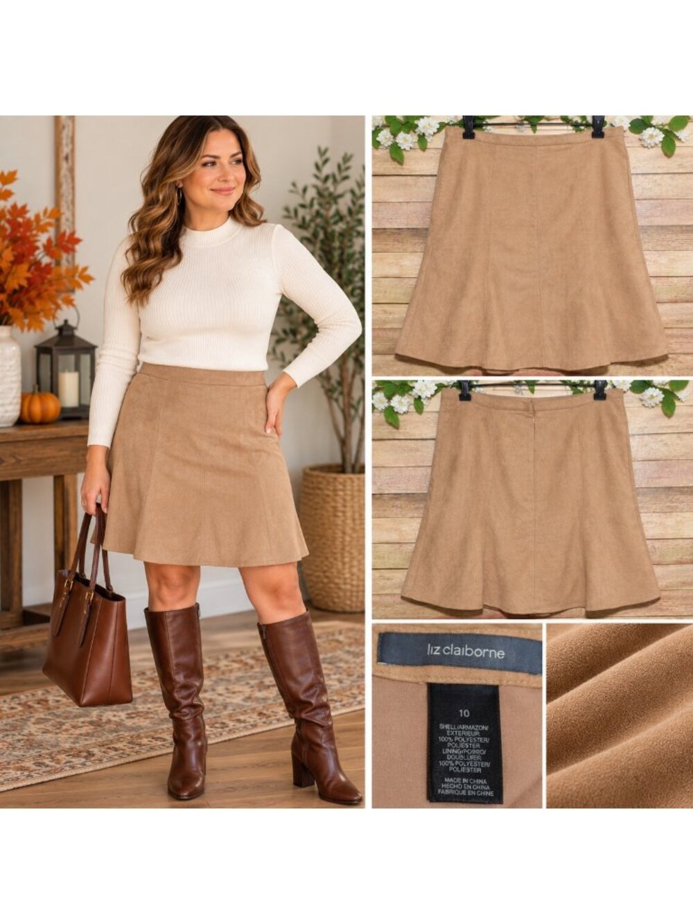 Liz Claiborne Womens 10 Faux Suede Skirt Tan Brown A-Line Knee Length Lined